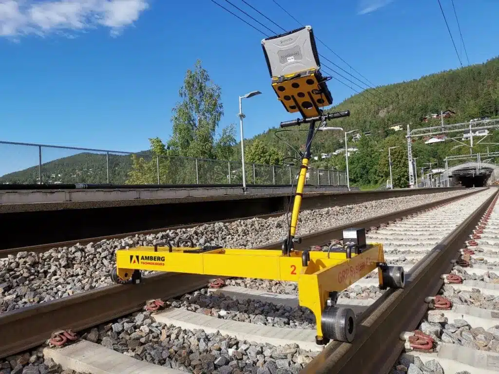 Amberg IMS-Relative Track Geometry Measurement System Amberg Technologies IMS-Relative trolley measuring track geometry on a rail line