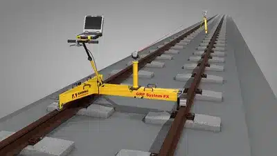 Amberg SlabTrack GRP 1000 Millimetre-Accurate Surveying Amberg Technologies SlabTrack GRP1000 system used on slab track construction site for high-precision surveying