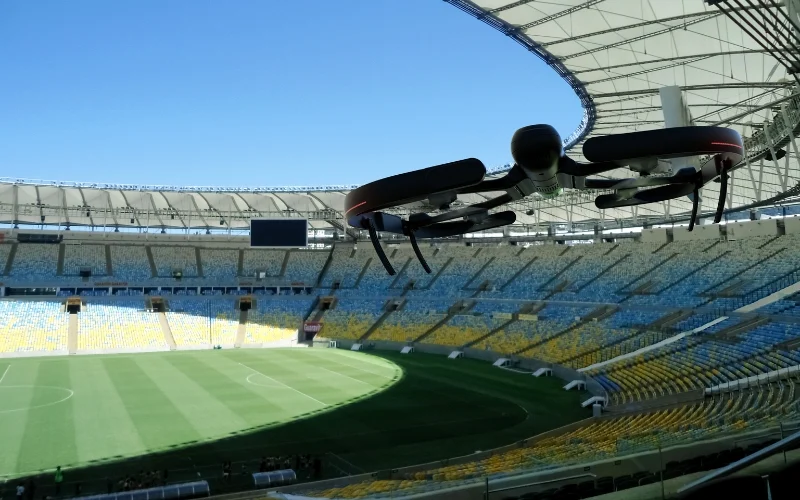 Leica BLK2FLY autonomous flying laser scanner documenting large sports venues and stadium interiors for 3D reality capture and facility assessment