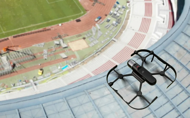 Leica BLK2FLY autonomous flying laser scanner capturing stadium roof geometry for exterior 3D mapping and digital twin creation