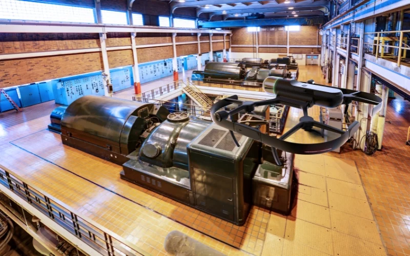 Leica BLK2FLY performing autonomous aerial laser scanning inside an industrial facility to capture complex structures for reality capture and asset documentation