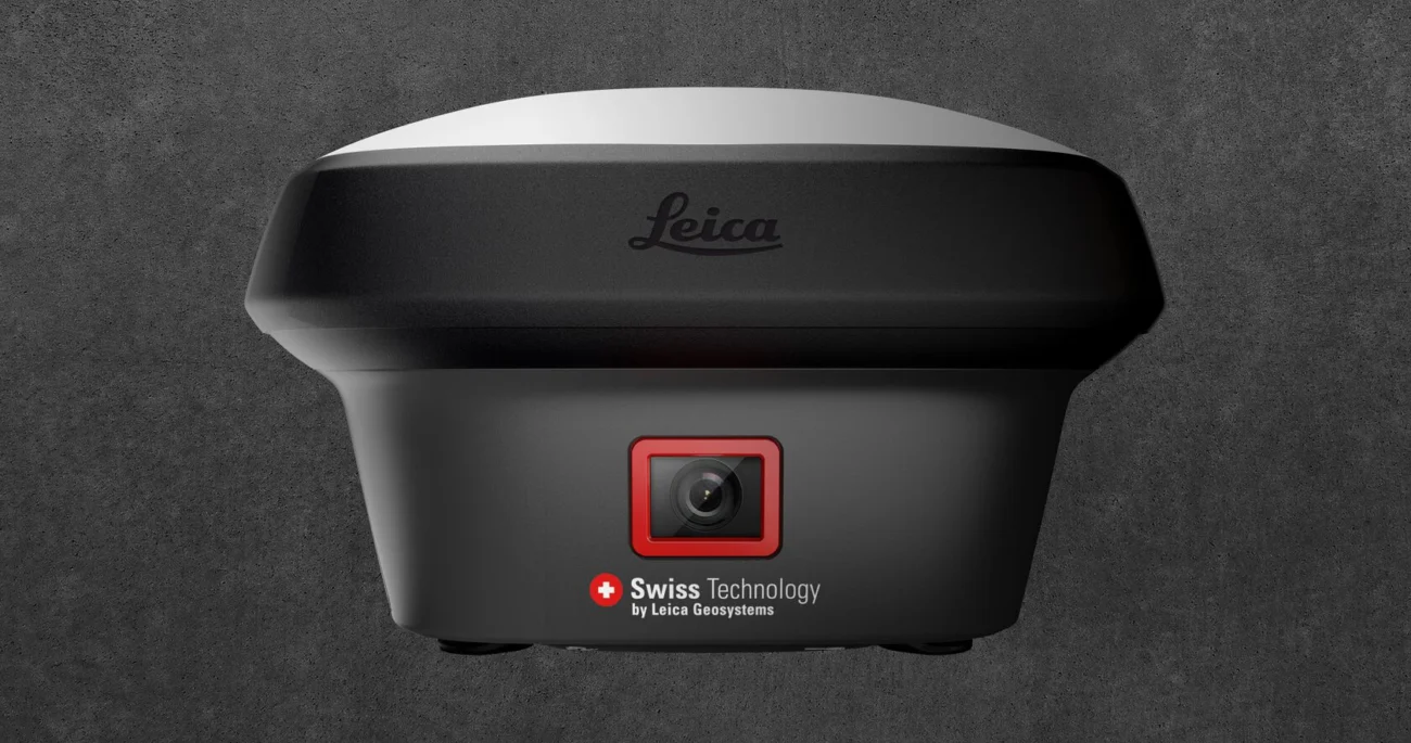 Leica GS18i Intelligent GNSS RTK Rover with Visual Positioning Technology Leica GS18i intelligent GNSS RTK rover showing integrated visual positioning camera and Swiss technology design for professional surveying workflows