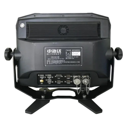 Rear interface ports of Hi-Target HD-Lite single beam echo sounder showing hydrographic survey connectivity including USB COM and sonar sensor ports