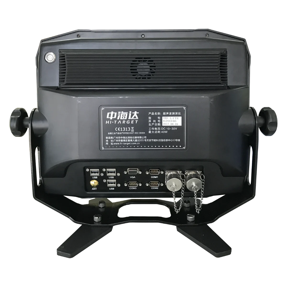 Rear interface ports of Hi-Target HD-Lite single beam echo sounder showing hydrographic survey connectivity including USB COM and sonar sensor ports