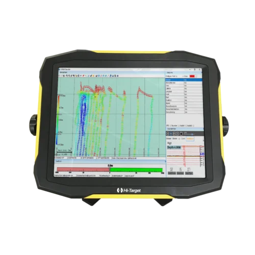 Hi-Target HD-Lite single beam echo sounder hydrographic survey system displaying real time bathymetric depth data on integrated touchscreen monitor