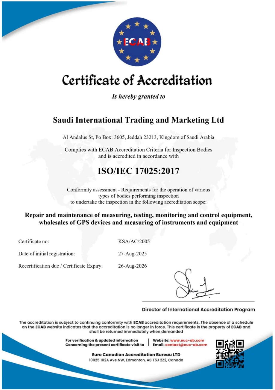 SITML ISO/IEC 17025:2017 Accreditation Certificate ISO/IEC 17025:2017 accreditation certificate for SITML service and maintenance operations in Saudi Arabia