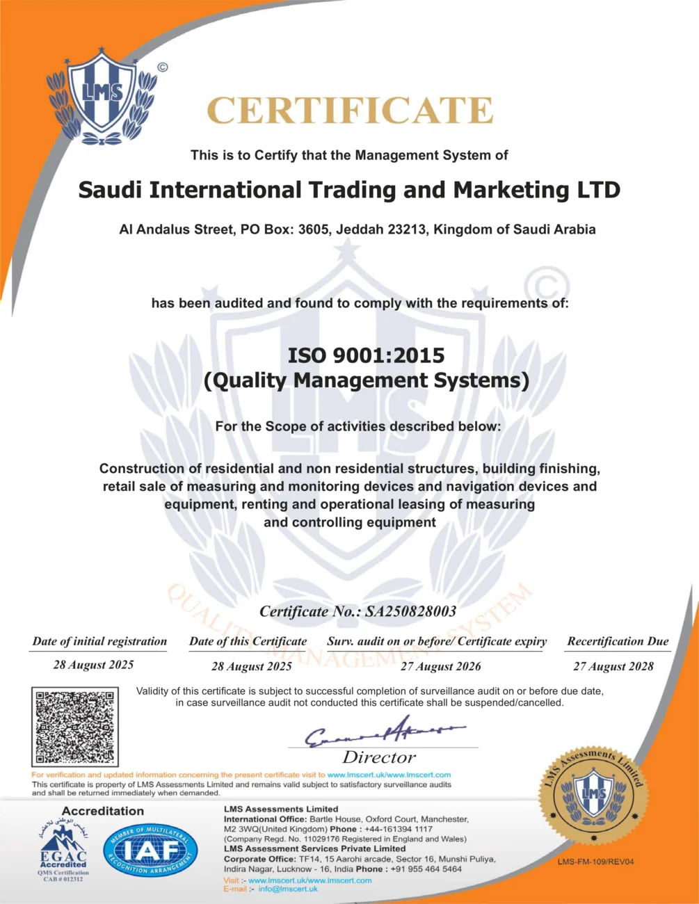 SITML ISO 9001:2015 Quality Management System Certificate ISO 9001:2015 Quality Management System certificate for Saudi International Trading and Marketing Ltd in Saudi Arabia
