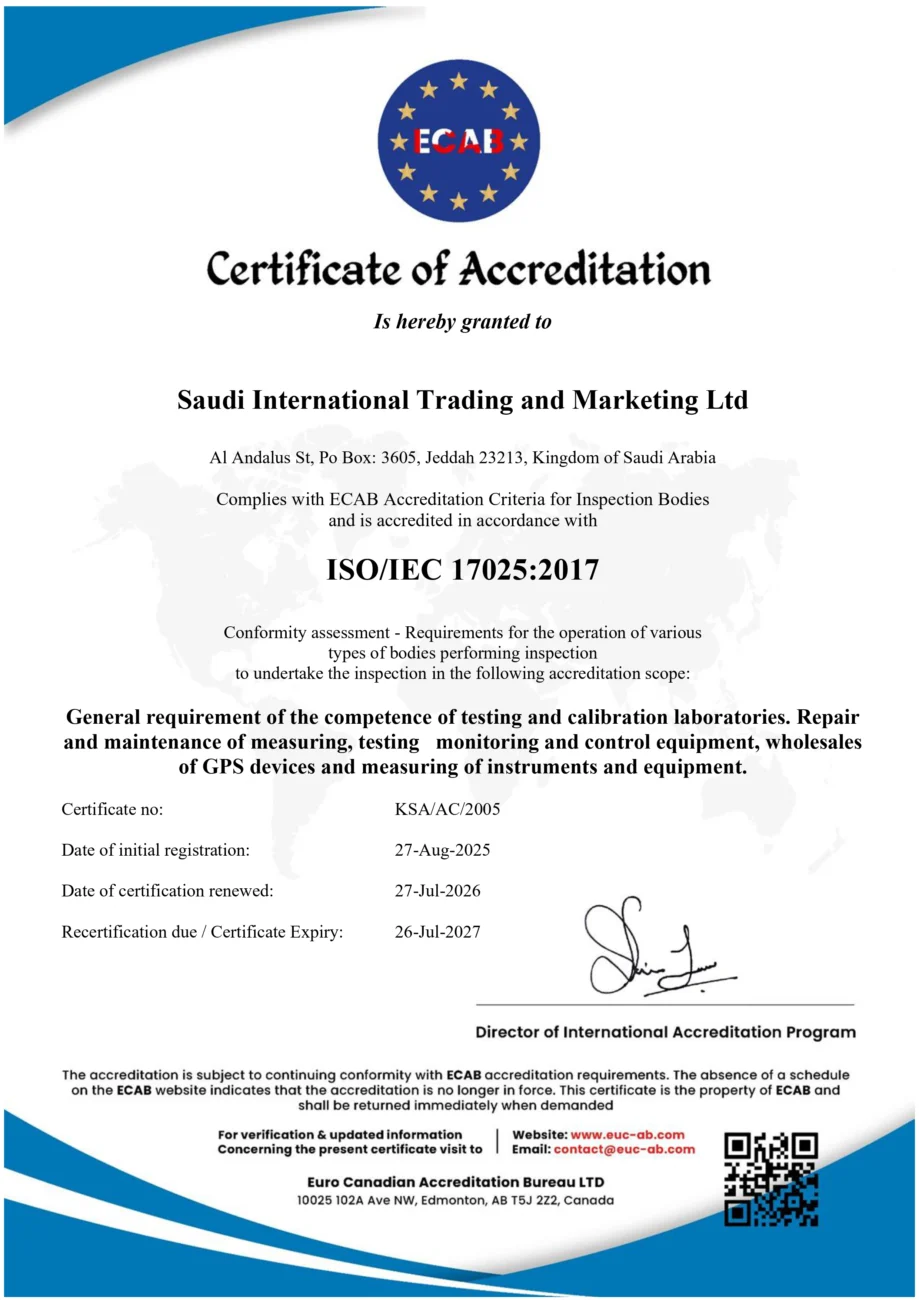 SITML ISO/IEC 17025:2017 Accreditation Certificate ISO/IEC 17025:2017 accreditation certificate awarded to Saudi International Trading and Marketing Ltd. (SITML) in Saudi Arabia.