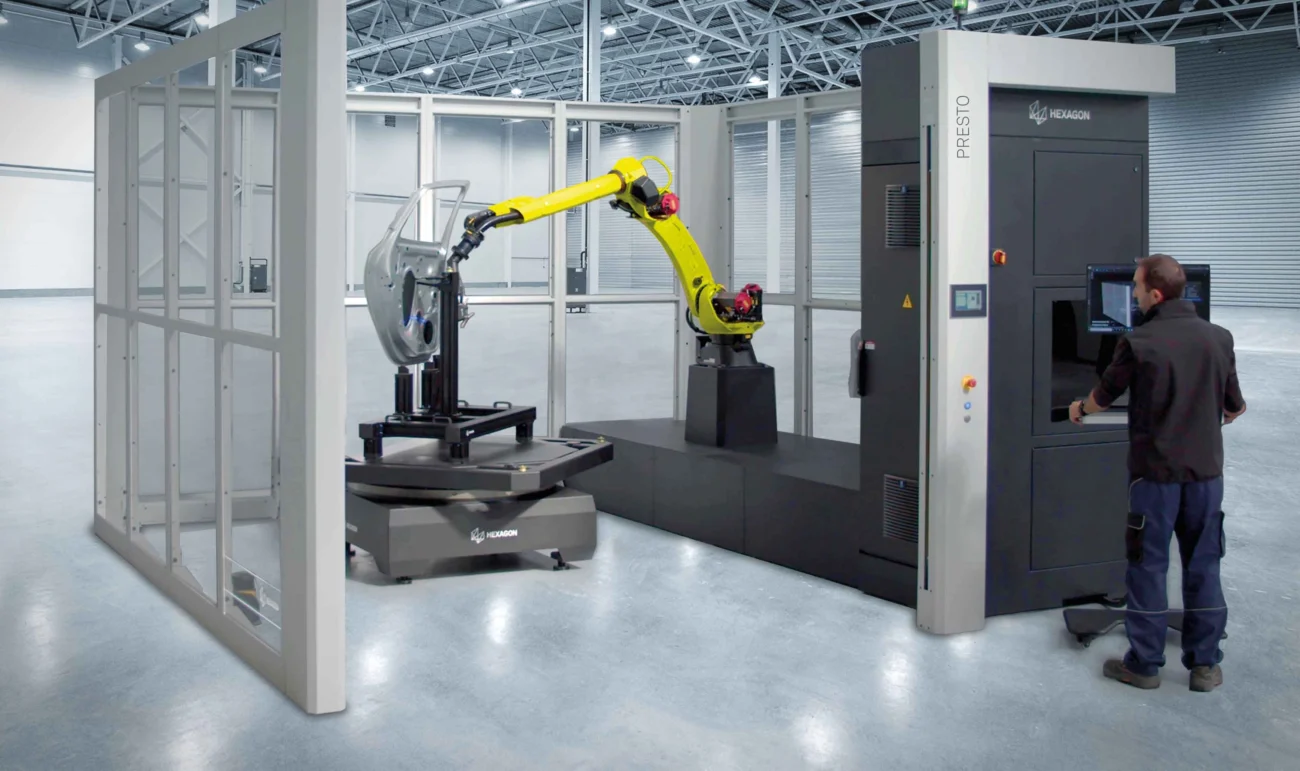 Hexagon PRESTO robotic inspection station scanning an automotive body panel