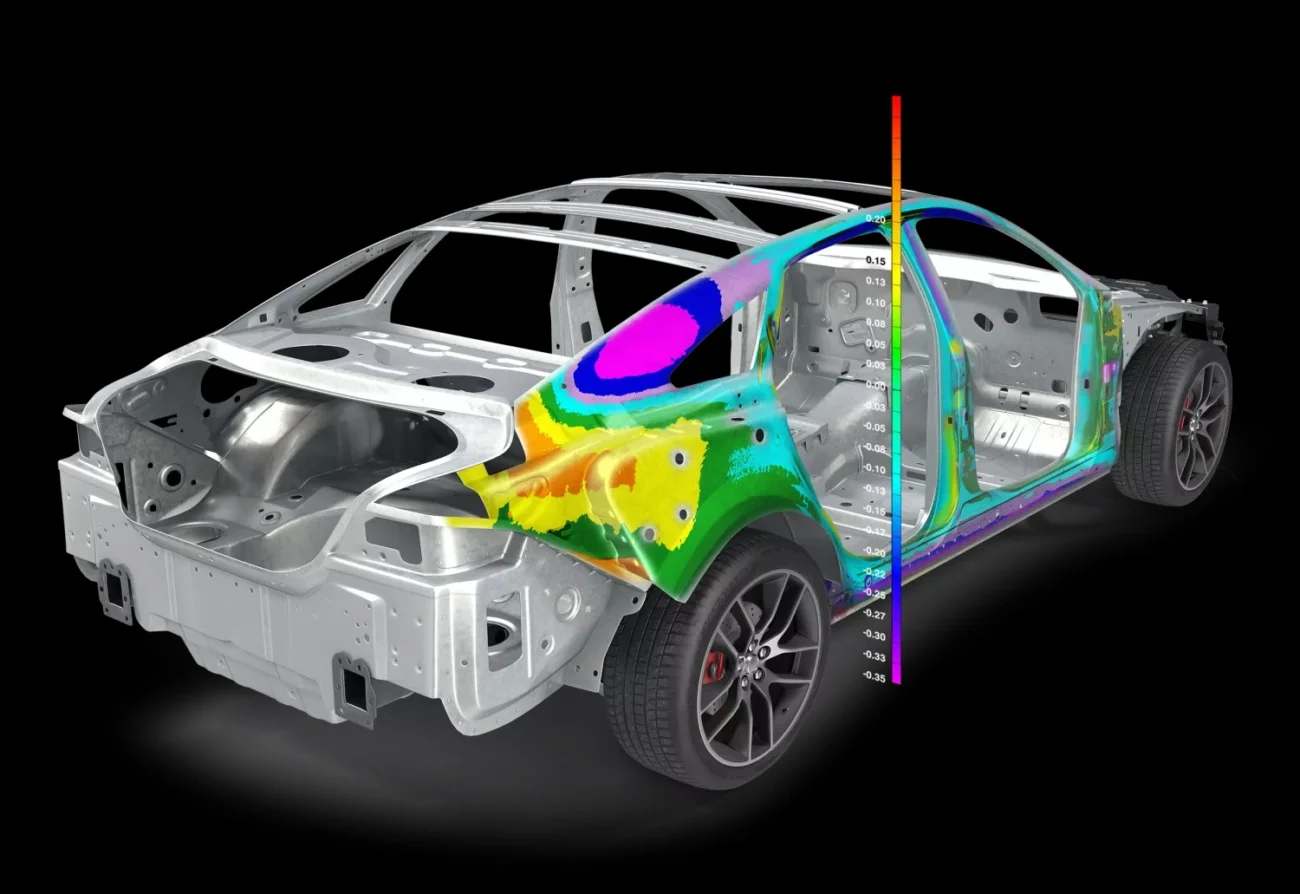 PolyWorks Inspector color map showing dimensional deviations on an automotive body