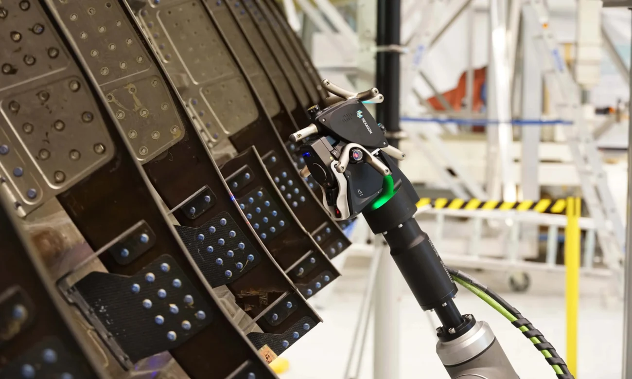 Absolute Scanner AS1 3D Measurement Absolute Scanner AS1 performing 3D measurement of an industrial component