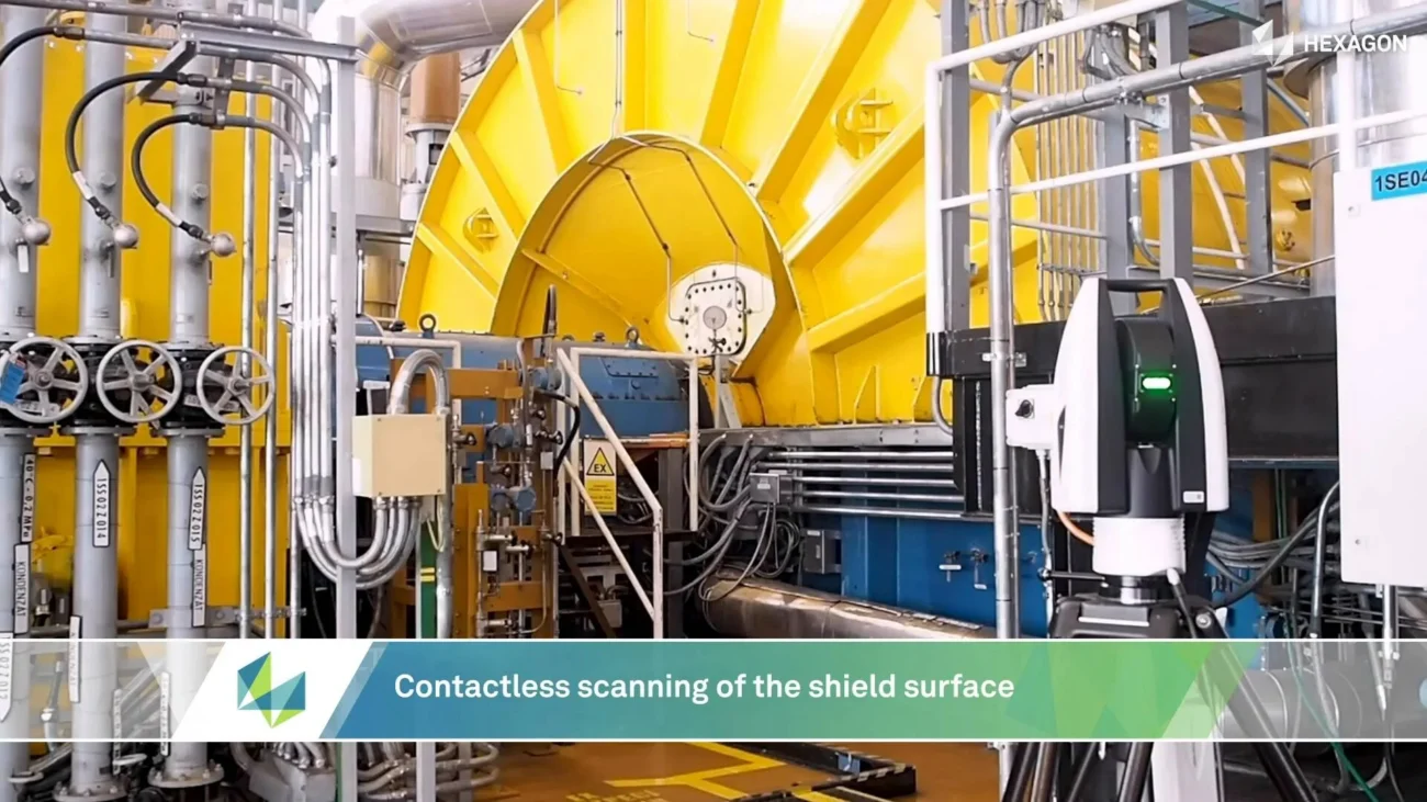 Leica Absolute Tracker ATS600 performing contactless scanning of a turbine bearing shield at Temelín Nuclear Power Station