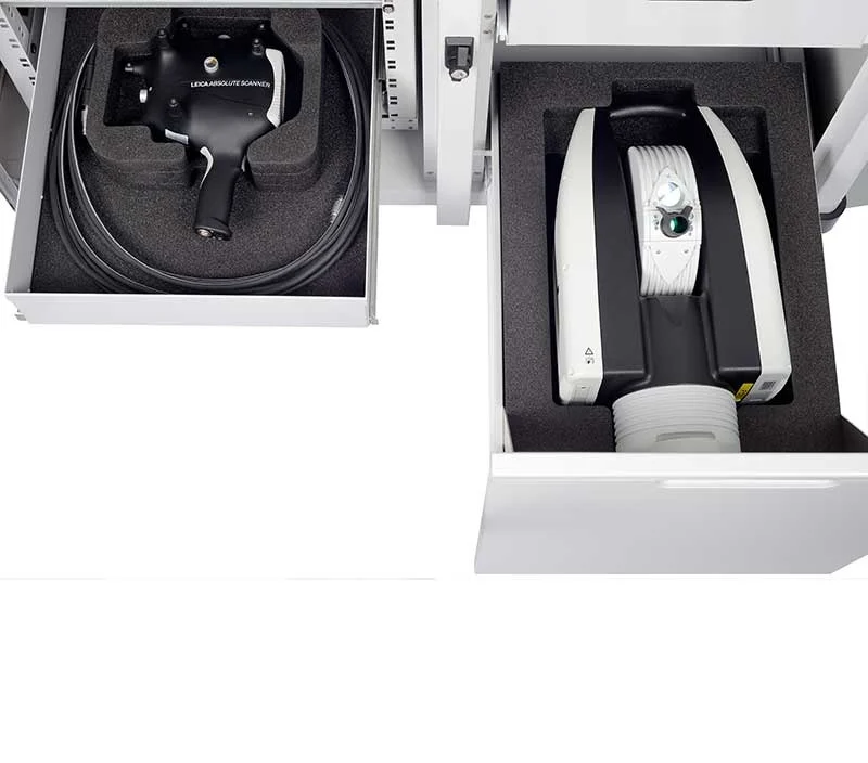 Leica measurement cart with fitted storage for Absolute Tracker equipment and scanner accessories