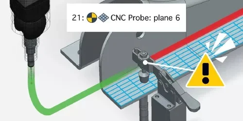 PolyWorks Inspector CNC CMM Collision Avoidance PolyWorks Inspector collision analysis warning showing a potential CNC CMM probe collision