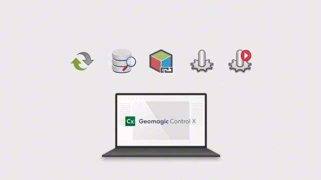 Geomagic Control X Quality Control Automation Laptop displaying Geomagic Control X beneath data-processing and automation icons.