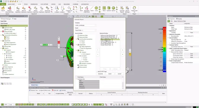 Geomagic Control X Custom Inspection Reporting Geomagic Control X report setup window showing template and inspection-result selection over a component deviation color map.