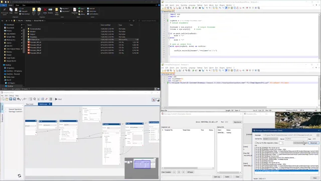 Geomagic Control X Automation Server Parallel Job Processing Desktop showing a Geomagic Control X automation workflow alongside script editors, scan-data files and Automation Server and Client windows.