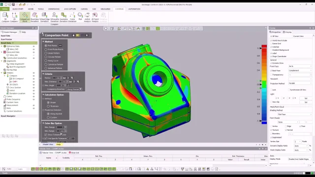 Geomagic Control X 2D and 3D Comparisons Geomagic Control X interface showing a mechanical component with a deviation color map, comparison-point settings and a color scale.