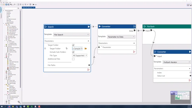 Geomagic Control X Repeatable Inspection Workflows Geomagic Control X visual workflow showing connected Search, Converter and For Each blocks for processing multiple data files.
