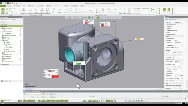 Geomagic Control X CAD Dimensioning and GD&T Annotations Geomagic Control X displaying a mechanical housing with linear and angular dimensions, GD&T callouts and color-coded measurement results.