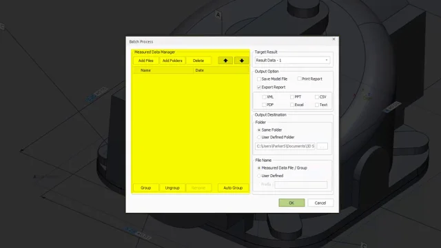 Geomagic Control X Batch Processing Geomagic Control X Batch Process dialog showing measured-data file selection, target results and report output options.