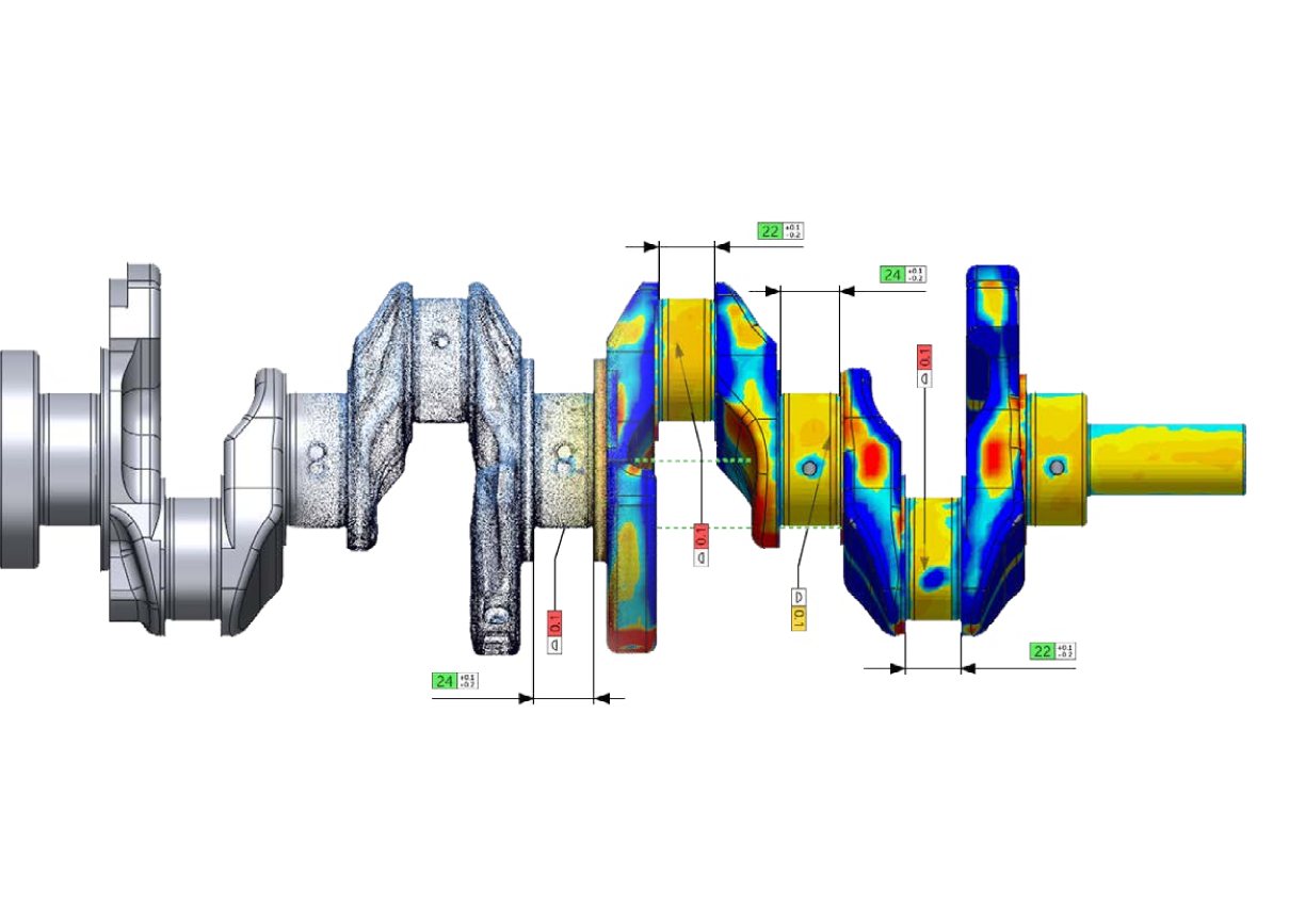 Geomagic Control X Scan-to-CAD Comparison for Manufacturing Crankshaft shown as CAD geometry, scan data and a deviation color map with dimensional annotations in Geomagic Control X.