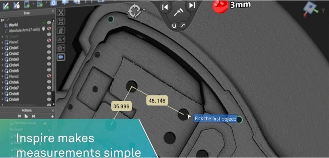 Hexagon Inspire interface displaying a scanned component with hole-to-hole measurements