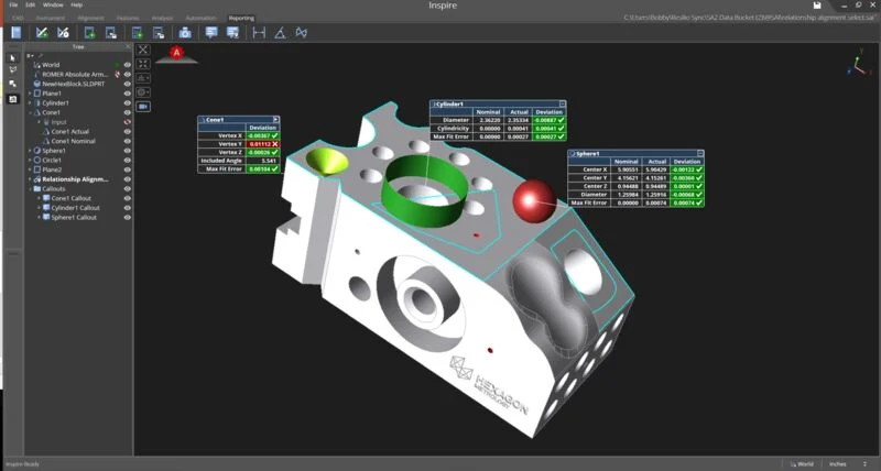 Hexagon Inspire Geometric Feature Analysis Hexagon Inspire displaying a 3D component with cone, cylinder and sphere measurement results