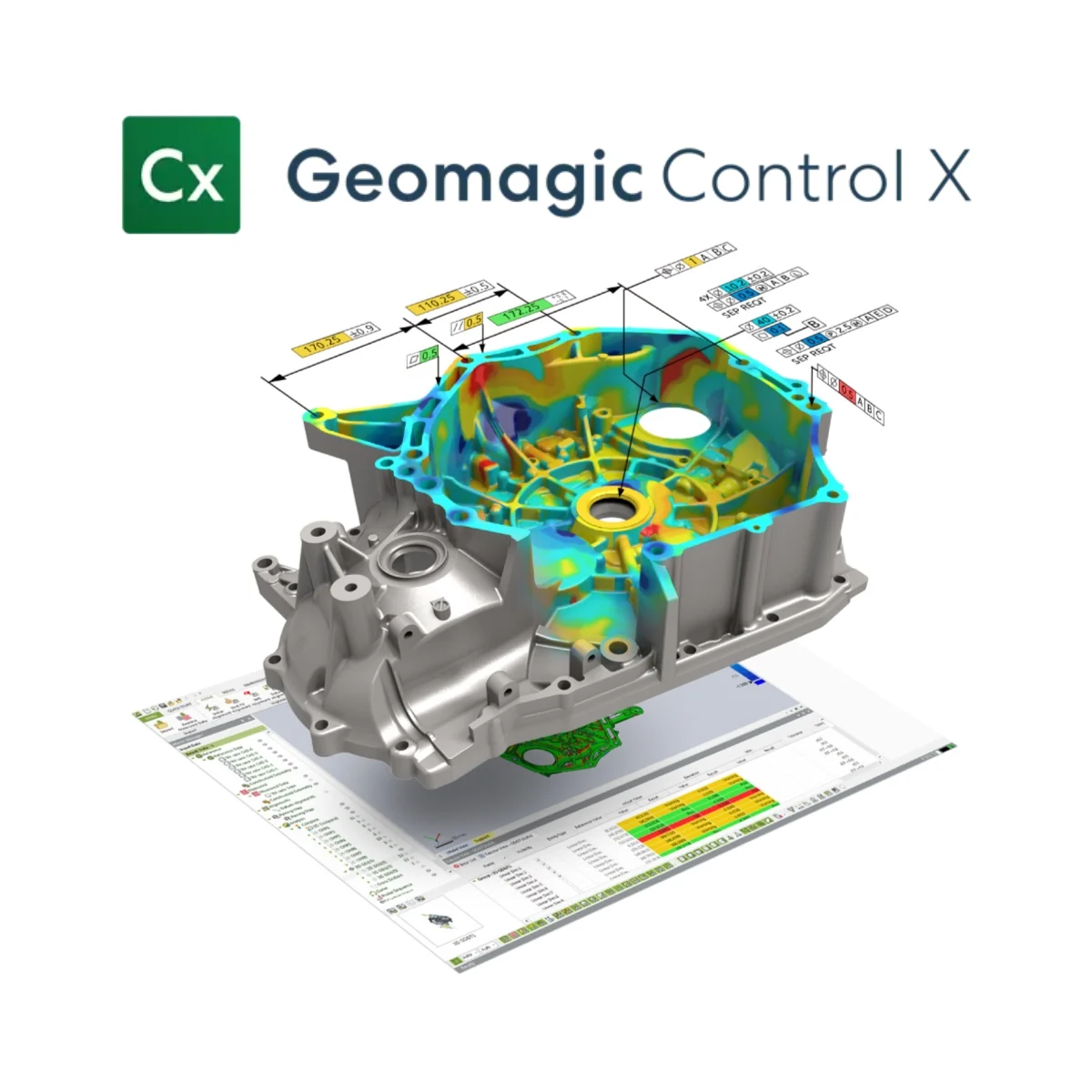 Geomagic Control X inspection visualization of a mechanical housing with a deviation color map, dimensions and GD&T annotations.