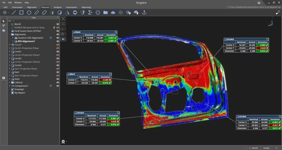 Hexagon Inspire Colour Map and Dimensional Inspection Hexagon Inspire displaying a colour deviation map of a vehicle door panel with nominal, actual and deviation measurements