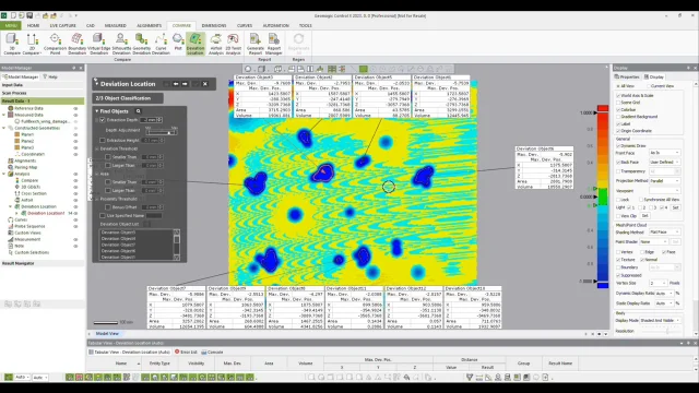 Geomagic Control X Surface Deviation Analysis Geomagic Control X interface showing localized surface deviations on a color map with measurement labels and a deviation scale.
