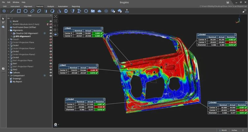 Hexagon Inspire CAD Comparison and Deviation Analysis Hexagon Inspire displaying a vehicle door panel colour deviation map with nominal, actual and deviation values for measured features.