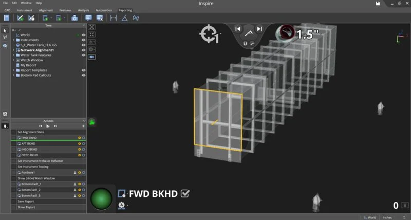 Hexagon Inspire Integrated Inspection Workflow Hexagon Inspire interface showing a structural CAD model with a highlighted feature and inspection steps in the Action Panel.