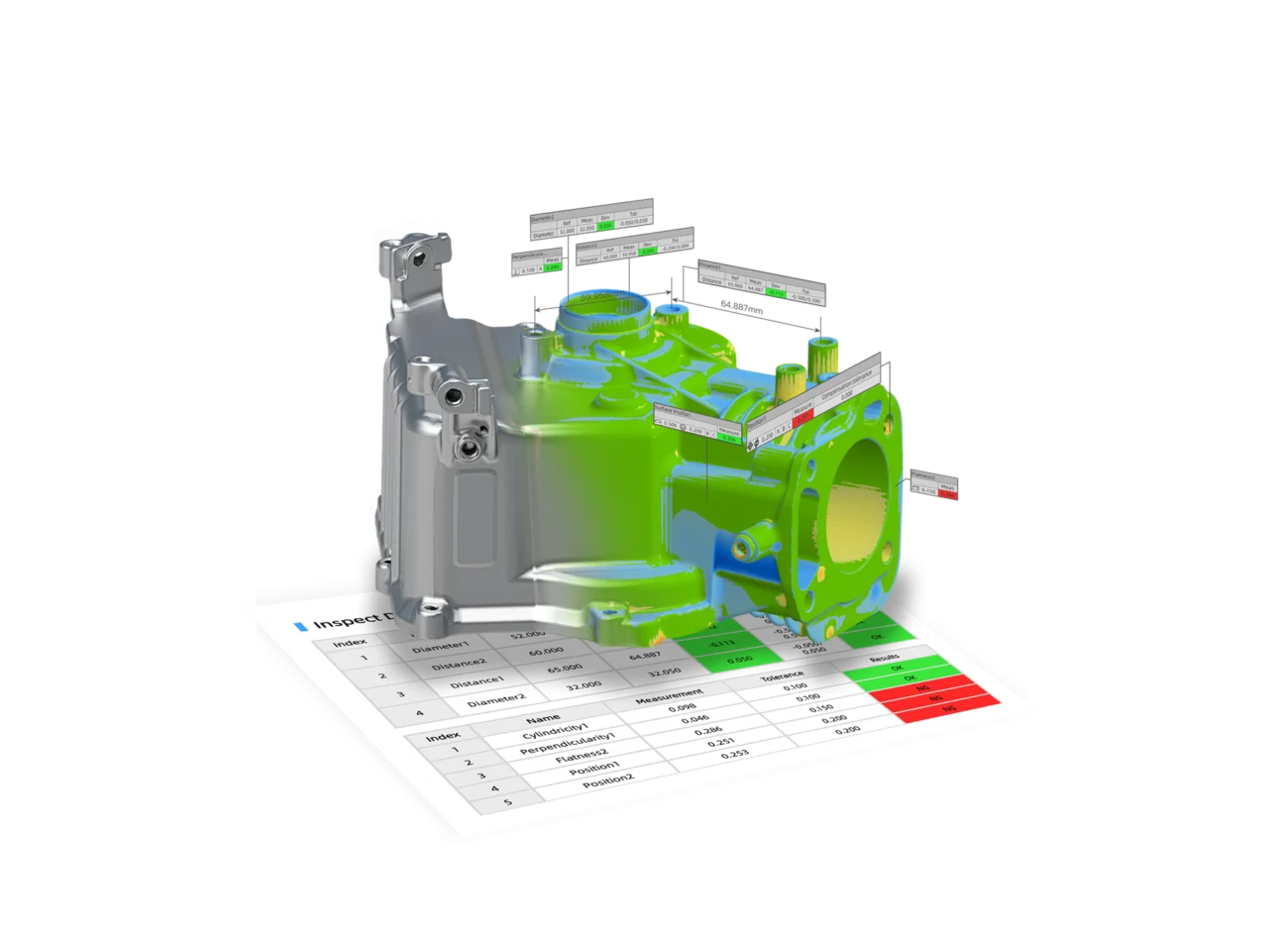 SHINING3D Inspect GD&T Evaluation and Tolerance Verification SHINING3D Inspect GD&T evaluation showing dimensional callouts, deviation color map and pass-fail inspection results on a component