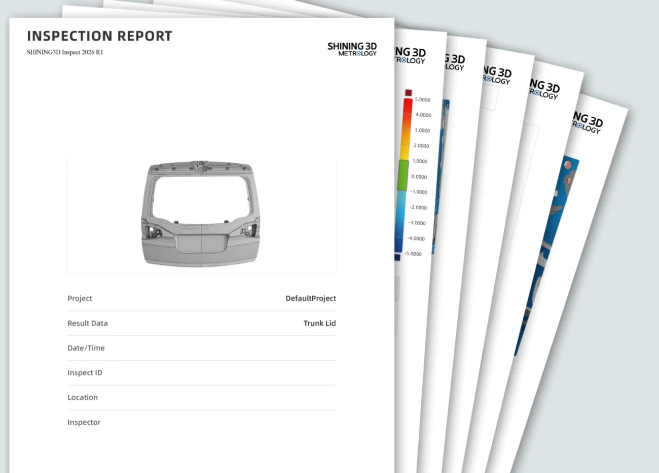 SHINING3D Inspect Automated and Customizable Inspection Reports SHINING3D Inspect report pages showing a vehicle component, deviation color scale and documented measurement results