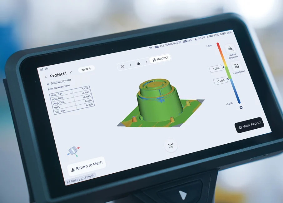 SHINING3D Inspect On-Device Inspection with FreeScan Omni FreeScan Omni screen displaying SHINING3D Inspect 3D deviation results and report controls