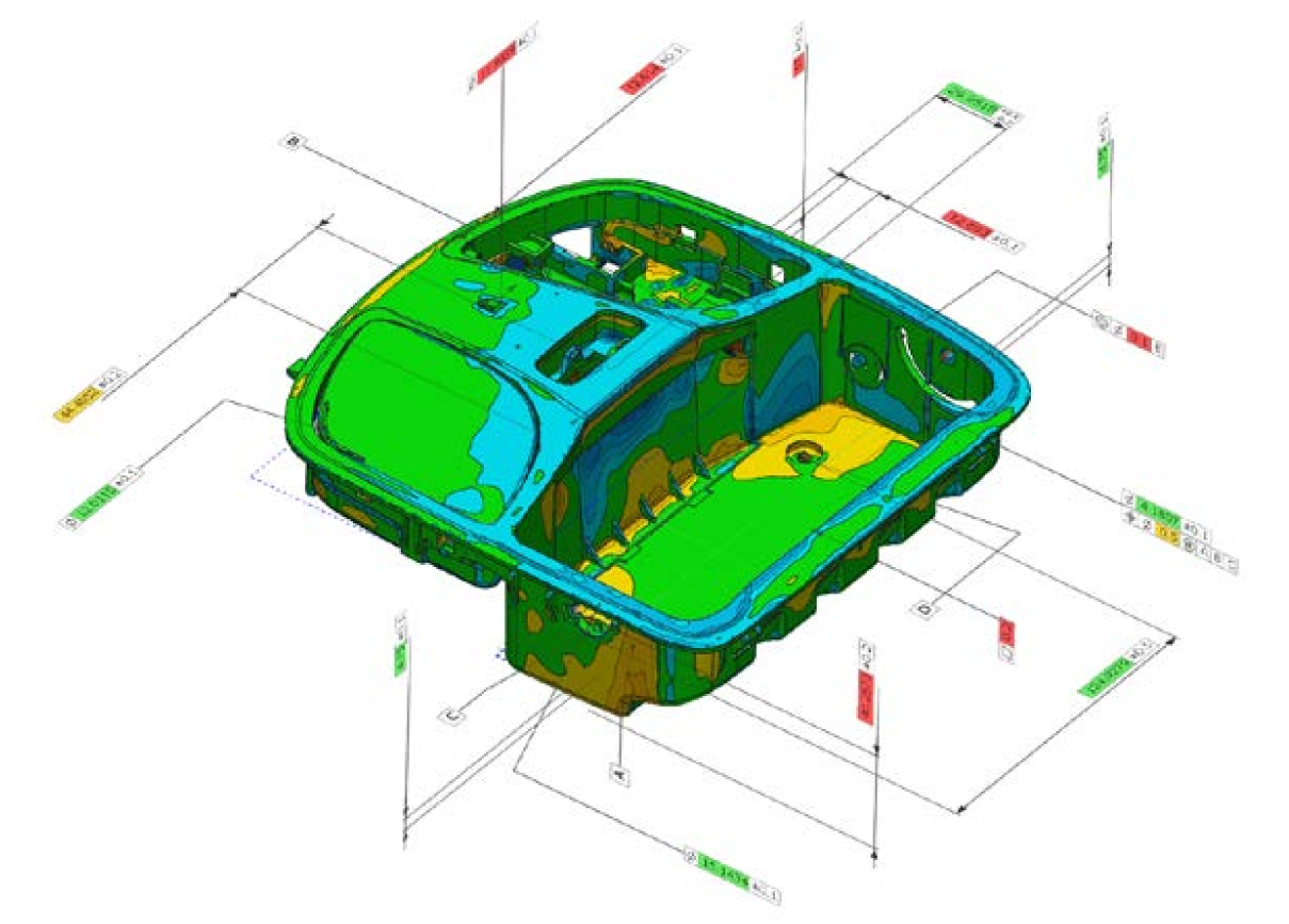 Geomagic Control X Part Deviation and Tolerance Analysis Geomagic Control X inspection view of a recessed component with a surface deviation color map and color-coded measurement annotations.
