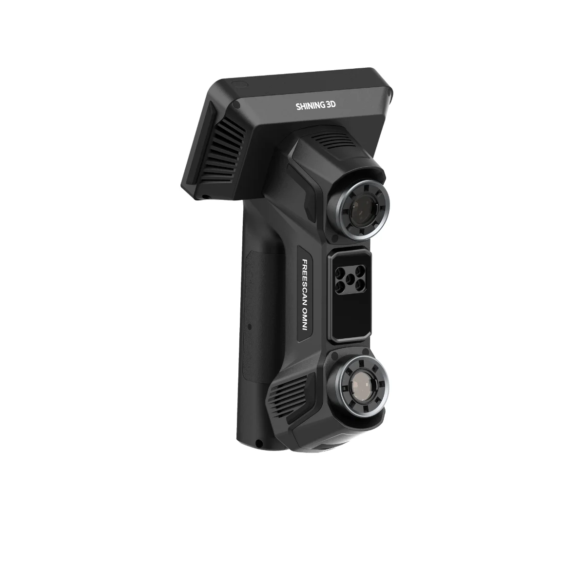 Angled front view of FreeScan Omni metrology 3D scanner showing scanning optics and handheld design
