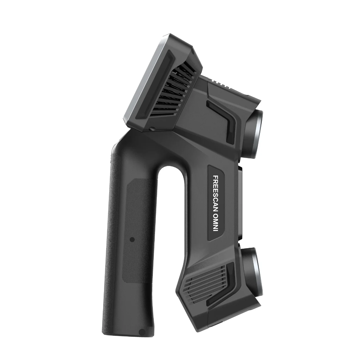 Side view of FreeScan Omni industrial 3D scanner showing its ergonomic handle, scanning head and ventilation grilles