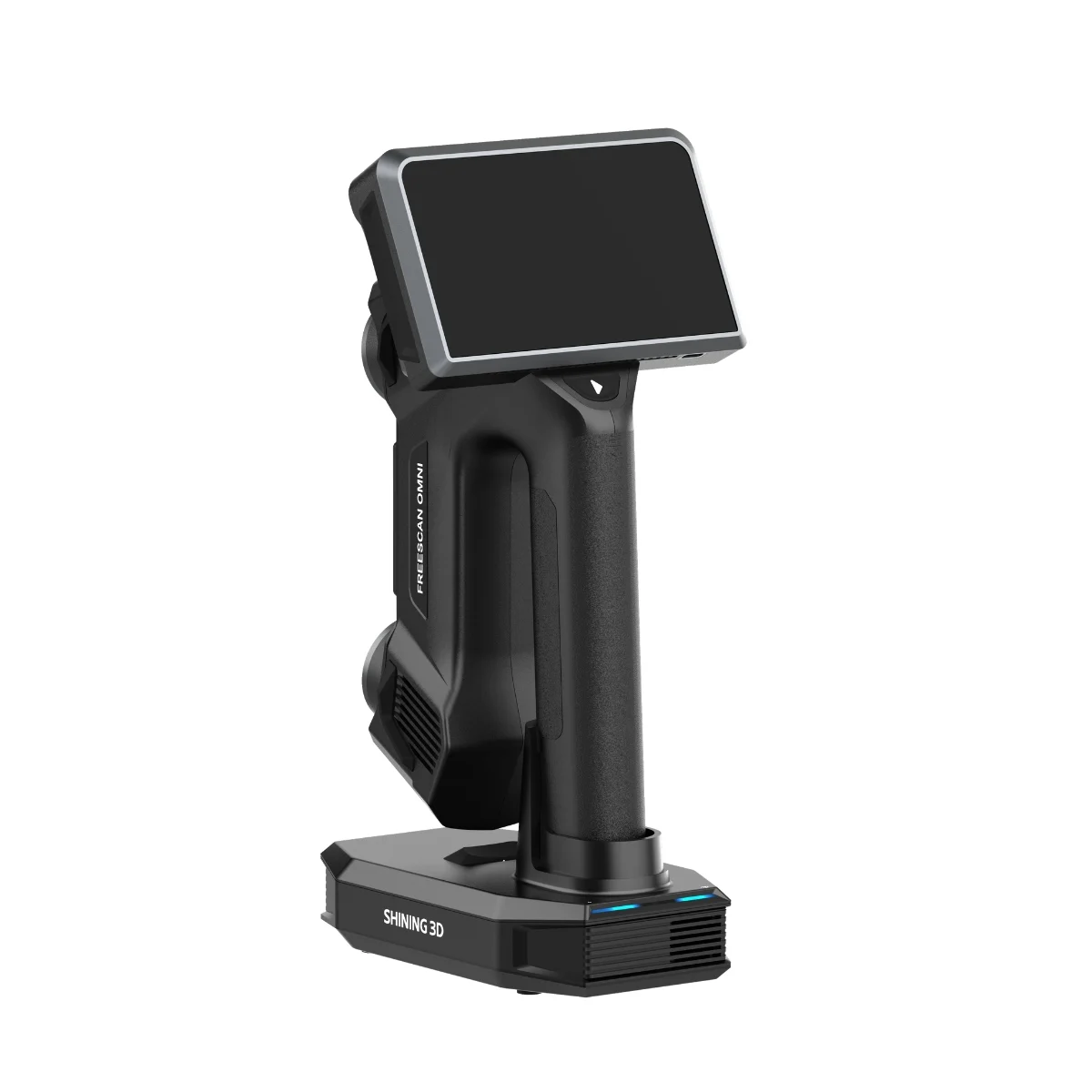 Rear three-quarter view of FreeScan Omni showing the integrated touchscreen, handheld grip and docking base
