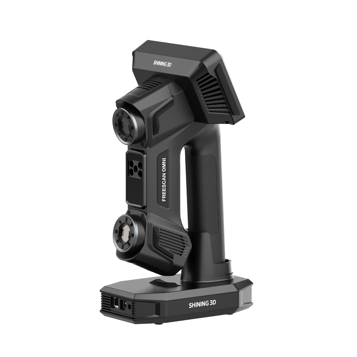 SHINING 3D FreeScan Omni scanner showing front scanning sensors, ergonomic handle and docking base