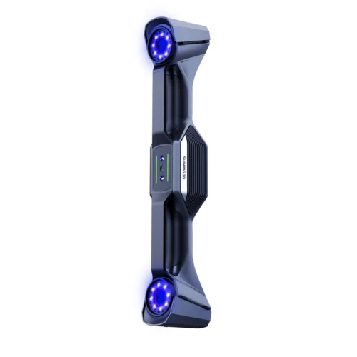 SHINING 3D FreeScan UE Nova Series handheld 3D laser scanner with dual scanning heads and illuminated blue laser modules.