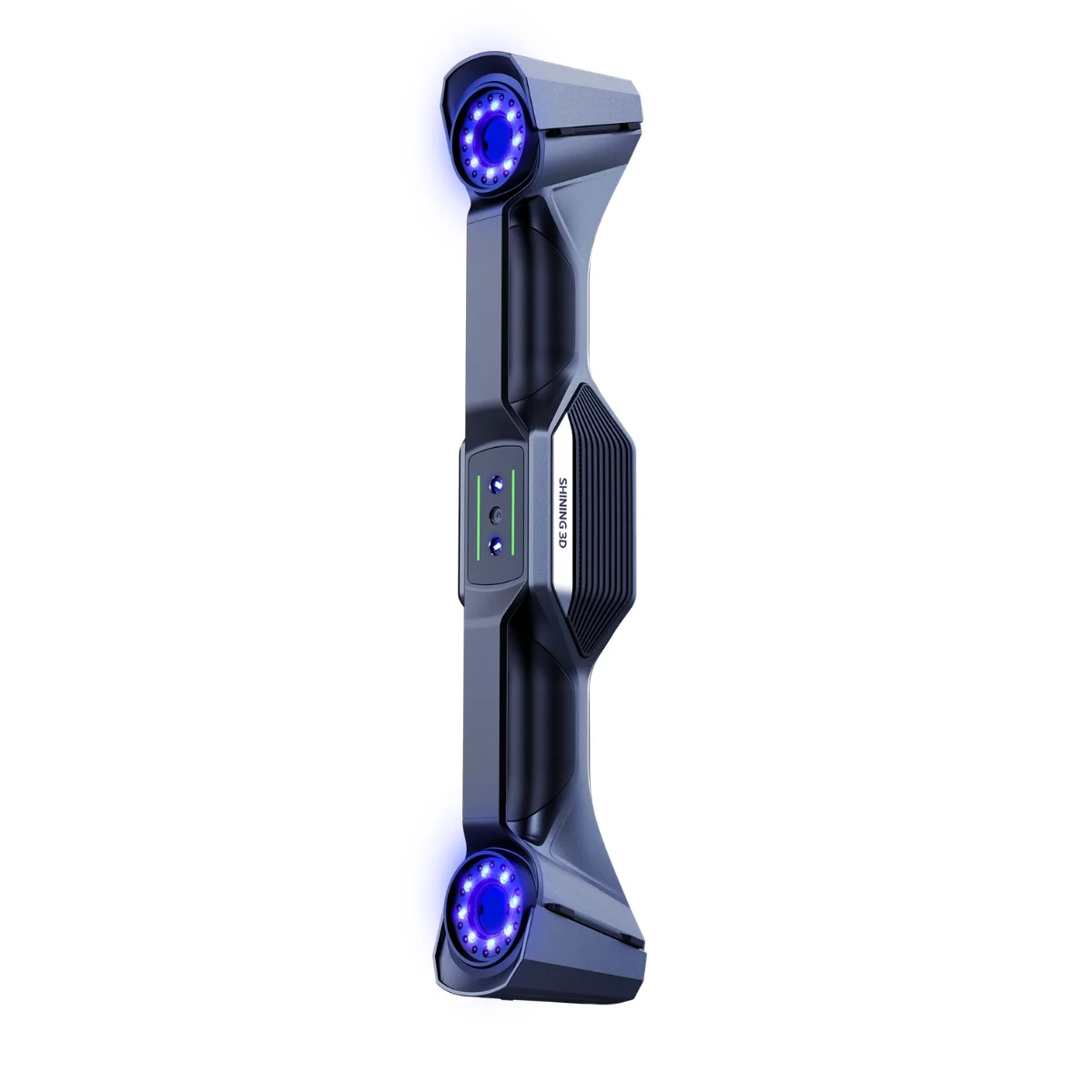 SHINING 3D FreeScan UE Nova Series handheld 3D laser scanner with dual scanning heads and illuminated blue laser modules.