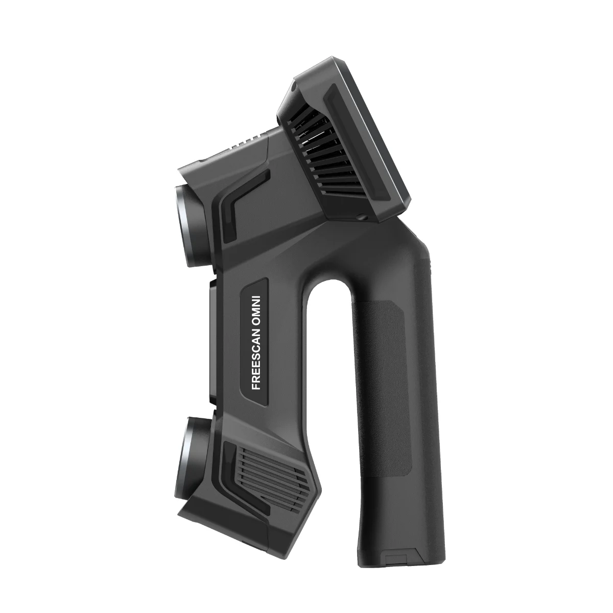 Side profile of FreeScan Omni handheld 3D scanner showing integrated handle, scanning head and touchscreen housing