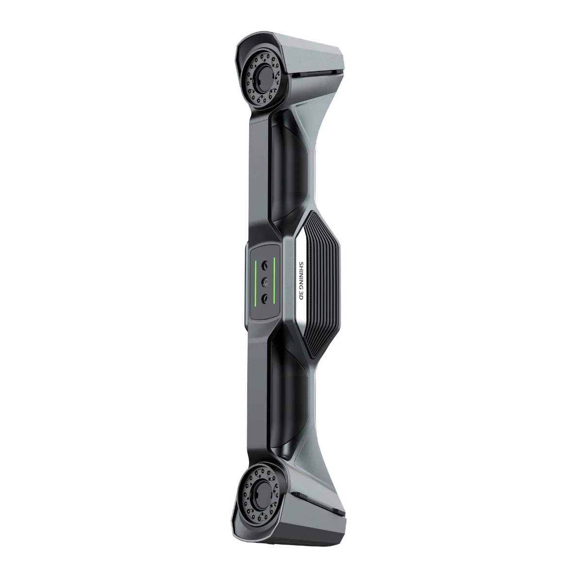 Angled view of the SHINING 3D FreeScan UE Nova Series handheld 3D laser scanner showing its dual scanning heads, ergonomic frame and side housing.