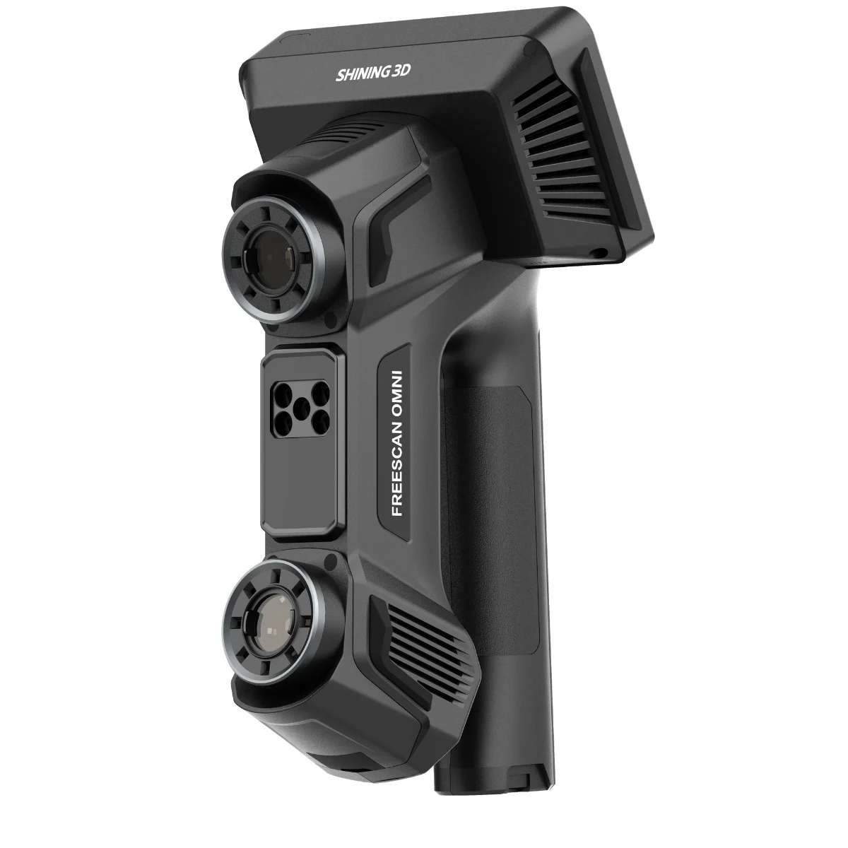 Close-up angled view of FreeScan Omni showing scanning lenses, central sensor panel and ergonomic grip