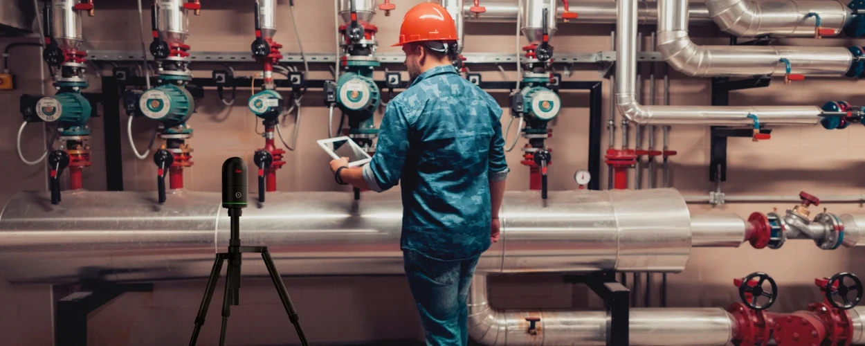 Leica BLK360 3D Laser Scanner for Industrial Facility Scanning Leica BLK360 3D laser scanner on tripod capturing industrial piping and mechanical installations for as-built documentation
