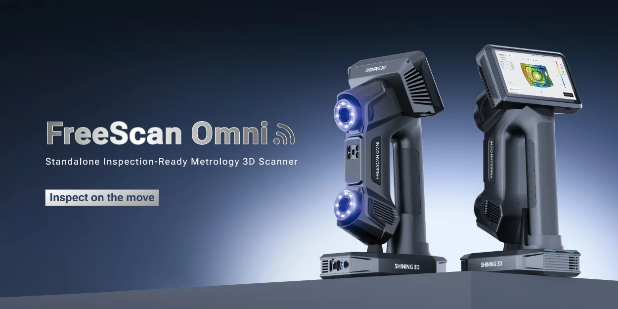 FreeScan Omni Series Standalone Metrology 3D Scanner SHINING 3D FreeScan Omni Series wireless metrology 3D scanners with integrated touchscreen displaying inspection results