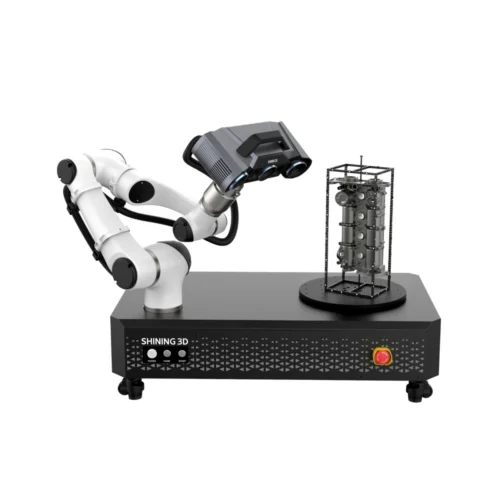 SHINING 3D RobotScan Series automated 3D scanning system with robotic arm, 3D scanner and turntable holding an industrial component.