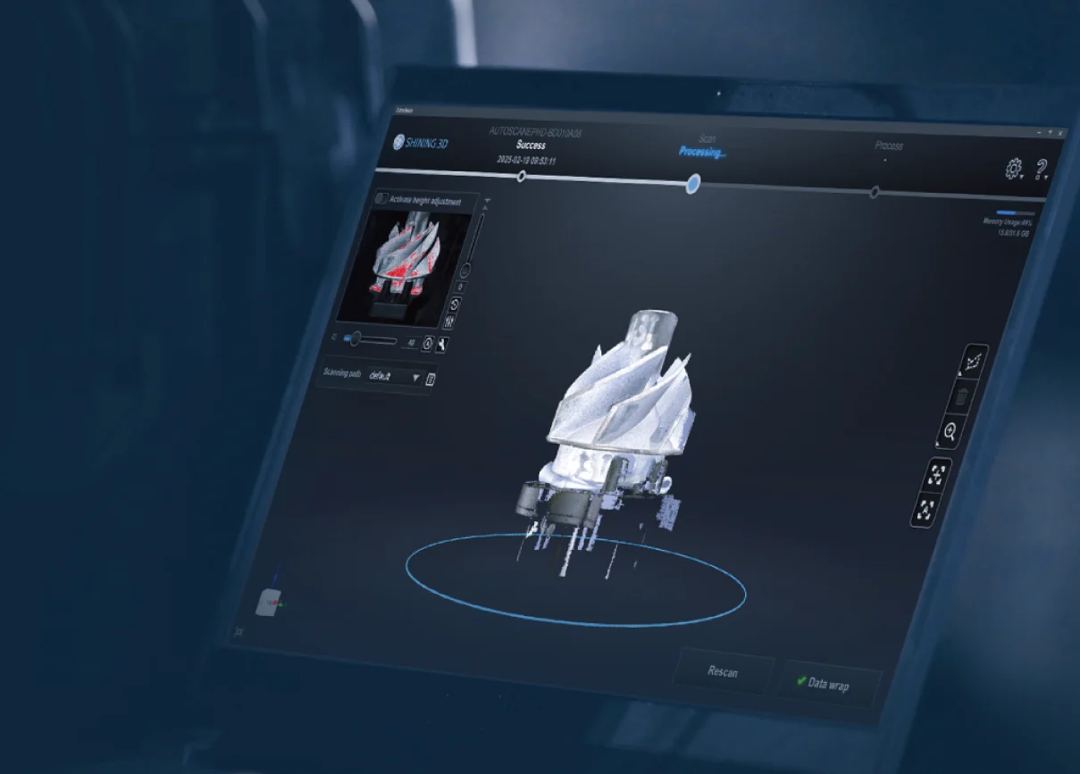 AutoScan Inspec2 UltraScan Software for Automated 3D Scanning UltraScan software interface displaying a scanned mechanical impeller with 3D model processing and alignment tools for AutoScan Inspec2.